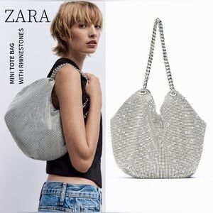 NEW ZARA 2023 SILVER RHINESTONE MINI TOTE BAG with tag